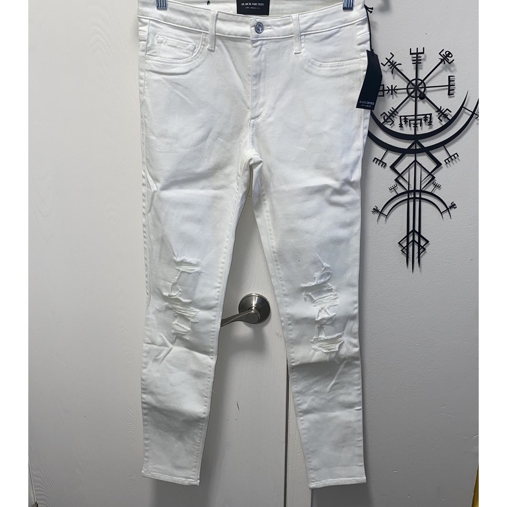 Black Orchid Los Angeles White Distressed Jude Mid Rise Super Skinny Jeans 27